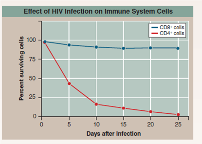 Does HIV Infect All White Blood Cells?  Humans are protected from microbial infections by their immune system, a collection of cells that circulate in the blood. Loosely called white blood cells, this collection actually contains a variety of different cell types. Some of them possess CD4 cell surface identification markers (think of them as id tags). Cells that trigger antibody production when they detect virus-infected cells and macrophage cells that initially attack invading bacteria both carry CD4 Id tags. Other cells possess CD8 Id tags, such as killer cells, which are immune cells that bore holes into virus-infected cells. In an aids patient, neither CD4 nor CD8 cells actively defend against HIV infection. Are either or both of these cell types killed by the HIV virus? To investigate this issue, researchers mixed together CD4-tagged cells (called CD4+ cells) and CD8-tagged cells (called CD8+ cells), and then added HIV to the mixture. HIV, colored red in the electron micrograph shown here, was then able to infect either kind of cell. The white blood cell culture was monitored at 5-day intervals for 25 days, taking a sample at each interval and scoring it for how many CD4 + cells and how many CD8 + cells it contained. The surviving percentage of each cell type in each sample is presented in the graph on the right above.      Applying Concepts  a. Variable. In the graph, what is the dependent variable? b. Percentage. If the percentage of surviving cells decreases, what does this say about the absolute number of cells? Can the absolute number of cells increase if the surviving percent decreases? Explain.