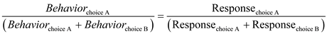 When all choices of a concurrent schedule have the same reinforcement, the rate of response is equal to the rate of reinforcement (known as the matching law.) When the reinforcement schedule differs among choices, the rate of reinforcement still controls the rate of response per possible choice. The matching law equation describes how the rate of behavior and reinforcement of one choice is proportional to the total rate of response and reinforcement of all choices. To explain the equation, one must understand the major statement that the behavior is the same as the response. Even if the behavior rate of one choice may differ from the other, the behavior of either choice is a proportion of the total rate of behavior; the same analogy can be said of the response for the particular choice. In other words, the rate of behavior of any one choice is the same as the rate of response of that particular choice, even in the face of more than one choice. We can substitute numerical values to explain: