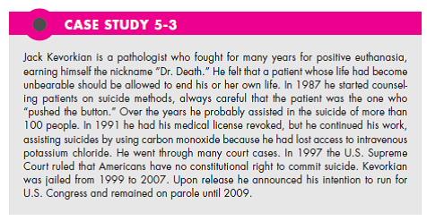 Refer to Case Study 5-3. You are living through a period of history in which many American children regularly die of starvation and neglect. How do we, as a society, justify putting financial resources and energy into prolonging the lives of the elderly and terminally ill? (In Reference Case Study 5-3)   