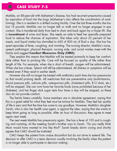 Refer to Case Study 7-5. When Sarah finally breaks down crying and agrees to comfort measures only, one of your associates objects for religious reasons. How would you handle the situation? What would you say to Sarah? What would you say to the rest of the family? What would you say to your associate who objects? (In Reference Case Study 7-5)   