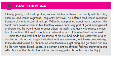 Review Case Study 9-4. How may health professionals intervene to return this man to a level of safer compliance? Will victims of chronic health problems make extensive sacrifices in the present to avoid a possible punishment in the future? (These expectations are part of prevention, but successes are limited.) (In Reference Case Study 9-4)    .