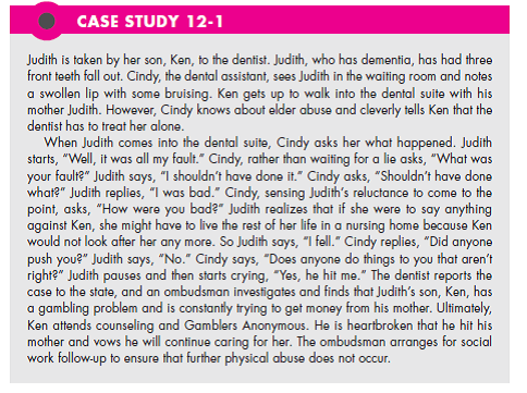 Refer to Case Study 12-1. If you were the dential assistant, how would you have acted. What if Judith just said she fell? Would you explore the issue any further? (In Reference Case Study 12-1)