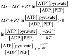 a. We can determine the equilibrium constant as follows   b. The reaction will proceed in the reverse direction when G 0. The natural log term must be greater than 1.   We are told that [ATP] = [ADP]. Using this information and the value obtained in part a gives:   c. Using the formula determined in part a, K eq can be calculated.   d. Given that [ATP] = [ADP], [GTP] = [GDP], and [P i ] = 1 m M , we can figure out the ratio of [PEP] to [pyruvate].   e. Using the knowledge we gained from part b and part d of this question, the reaction will be favorable in both directions under the following conditions.  