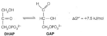 In another key reaction in glycolysis, dihydroxyacetone phosphate (DHAP) is isomerized into glyceraldehyde-3-phosphate (GAP):    Because G° is positive, the equilibrium lies to the left. (a) Calculate the equilibrium constant, and the equilibrium fraction of GAP from the above, at 37 °C. (b) In the cell, depletion of GAP makes the reaction proceed. What will AG be if the concentration of GAP is always kept at 1/100 of the concentration of DHAP