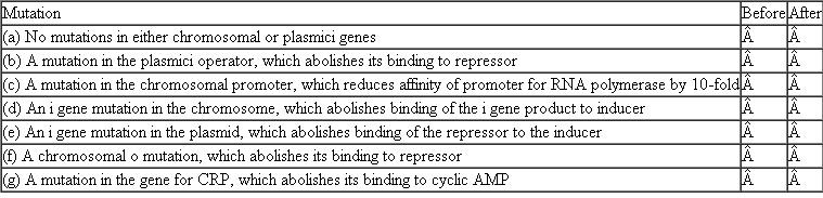 Partial diploid forms of E. coli were created, each of which contained a complete lactose operon at its normal chromosomal site and the regulatory sequences only ( i, p, o )on a plasmid. Predict the effect of each mutation upon the activity of -galactosidase before and after the addition of inducer. Use , + or + + to indicate approximate activity levels.  <div style=padding-top: 35px> 