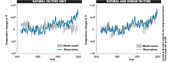 USING MODELS TO PROJECT FUTURE CHANGES IN ATMOSPHERIC TEMPERATURES  To project the effects of increasing levels of greenhouse gases on future average global temperatures, scientists have developed complex mathematical models that simulate our current understanding of interactions among incoming sunlight, clouds, landmasses, oceans, ocean currents, concentrations of greenhouse gases and air pollutants, and other factors within the earth's complex climate system. They run these continually improving models on supercomputers and compare the results to known past climate changes, from which they project future changes in the earth's average atmospheric temperature. Figure 15.A gives a greatly simplified summary of some of the key interactions in the global climate system. Such models provide projections of what is likely to happen to the average temperature of the lower atmosphere, based on available data and different assumptions about future changes such as CO<sub>2</sub> and CH 4 levels in the atmosphere. How well these projections match what actually happens in the real world depends on the validity of the assumptions, what variables are built into the models, and the accuracy of the data used. When most experts in a particular scientific field generally agree on a level of 90% certainty about a set of measurements or model results, they say that their projections are very likely to be correct; when the level of certainty reaches 95% (a rarity in science), they contend that their projections are extremely likely to be correct. In 1990, 1995, 2001, 2007, and 2014 the IPCC published reports on how global temperatures have changed in the past (Figures 15.18 and 15.19), how they are projected to change during this century, and how such changes are likely to affect the earth's climate. According to the 2014 IPCC report, based on analysis of past climate data and the use of more than two dozen climate models, it is extremely likely (95% certainty) that human activities, especially the burning of fossil fuels, have played the dominant role in the observed atmospheric warming since 1975 (Figure 15.19). The researchers based this conclusion on the fact that, after thousands of times running the models, the only way they can get the model results to match actual measurements is by including the human activities factor (Figure 15.B).         FIGURE 15.B Comparison of actual climate data with modeled projections for the period between 1860 and 2000 using natural factors only (left) and a combination of natural and human factors (right). Scientists have found that actual data match projections far more closely when human factors are included in the models. The current results of more than two dozen climate models now in use suggest that it is very likely (with at least 90% certainty) that the earth's mean surface temperature will increase by 1.5-4.5C° (2.7-8.1F°) between 2013 and 2100 (Figure 15.C), unless we can sharply reduce deforestation along with our emissions of CO<sub>2</sub> and other greenhouse gases. In 2014, climate researcher Michael E. Mann reported that the latest runs of key climate models indicated that the lower limit of the 2014 IPCC projected temperature increase should be raised from 1.5C° (2.7F°) tO<sub>2</sub>.5C° (4.5F°). While there is an extremely high degree of certainty (95%) that the atmosphere has been warming primarily due to human activities, there is also a high degree of uncertainty in climate model results about projected future changes in the average atmospheric temperature. This is indicated by the wide range of projected temperature changes in Figure 15.C and the range of the projected rise in sea level (see Figure 16, p. S48, in Supplement 5). Climate experts are working to reduce such uncertainty by learning more about how the earth's climate system works and by improving climate data and models. Despite their limitations, these models are the best and only tools that we have for projecting likely average atmospheric temperatures in coming decades. Critical Thinking  If the highest possible projected temperature increase shown in Figure 15.C takes place, what are three major ways in which this will likely affect your lifestyle and that of any children or grandchildren you eventually might have?     FIGURE 15.C Estimated changes (yellow area) and measured changes (black curve) in the average temperature of the atmosphere near the earth's surface between 1860 and 2013, and the projected range of temperature increase during the rest of this century. Compiled by the authors using data from U.S. National Academy of Sciences, National Center for Atmospheric Research, Intergovernmental Panel on Climate Change, and Hadley Center for Climate Prediction and Research.
