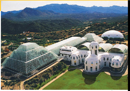 BIOSPHERE 2-A LESSON IN HUMILITY  In 1991, eight scientists (four men and four women) were sealed inside Biosphere 2, a $200 million glass and steel enclosure designed to be a selfsustaining life-support system (Figure 17.A) that would increase our understanding of Biosphere 1-the earth's life-support system. This sealed system of interconnected domes was built in the desert near Tucson, Arizona. It contained artificial ecosystems including a tropical rain forest, a savanna, a desert, a lake, streams, freshwater and saltwater wetlands, and a mini-ocean with a coral reef. Biosphere 2 was designed to mimic the earth's natural chemical cycling systems. Water evaporated from its ocean and other aquatic systems and then condensed to provide rainfall over the tropical rain forest. The precipitation trickled through soil filters into the marshes and back into the mini-ocean before beginning the cycle again. The facility was stocked with more than 4,000 species of plants and animals, including small primates, chickens, cats, and insects, selected to help maintain life-support functions. Human and animal excrement and other wastes were treated and recycled to help support plant growth. Sunlight and external natural gas-powered generators provided energy. The Biospherians were to be isolated for 2 years and to raise their own food using intensive organic agriculture. They were to breathe air recirculated by plants and to drink water cleansed by natural chemical recycling processes. From the beginning, many unexpected problems cropped up and the life-support system began to unravel. The level of oxygen in the air declined with soil organisms converting it to carbon dioxide. Additional oxygen had to be pumped in from the outside to keep the Biospherians from suffocating. Tropical birds died after the first freeze. An ant species got into the enclosure, proliferated, and killed off most of the system's original insect species. In total, 19 of the Biosphere's 25 small animal species became extinct. Before the 2-year period was over, all plant-pollinating insects became extinct, thereby dooming to extinction most of the plant species. Despite many problems, the facility's waste and wastewater were recycled. With much hard work, the Biospherians were also able to produce 80% of their food supply. However, they suffered from persistent hunger and weight loss. In the end, an expenditure of $200 million failed to maintain a life-support system for eight people for 2 years. Ecologists Joel Cohen and David Tilman, who evaluated the project, concluded, No one yet knows how to engineer systems that provide humans with life-supporting services that natural ecosystems provide for free. Critical Thinking  Some analysts argue that the problems with Biosphere 2 resulted mostly from inadequate design and that a better team of scientists and engineers could make it work. Explain why you agree or disagree with this view.     FIGURE 17.A Biosphere 2, constructed near Tucson, Arizona, was designed to be a self-sustaining life-support system. PRNewsFoto/Huron Valley Travel/AP Images