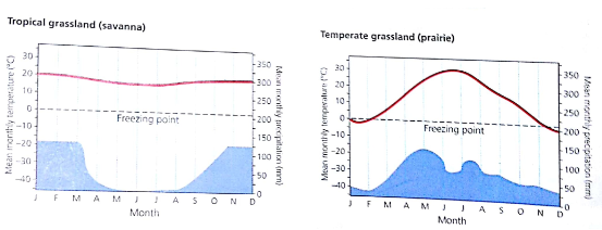 In this chapter, you learned how long-term variations in average temperatures and average precipitation play a major role in determining the types of deserts, forests, and grasslands found in different parts of the world. Below are typical annual climate graphs for a tropical grassland (savanna) in Africa and a temperature grassland in the mid-western United States.     What is the warmest month in the temperate grassland
