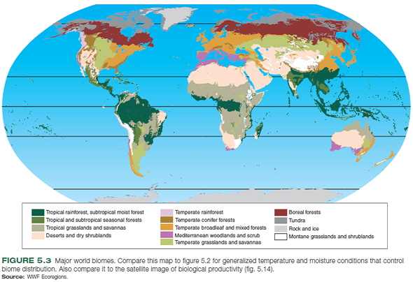 As you've learned in this chapter, temperature and precipitation are critical factors in determining the distribution of terrestrial biomes. Understanding climate graphs and what they tell us is extremely helpful in making sense of these differences. In the figure below, reproduced from figure 5.5 , the graphs show annual patterns in temperature and precipitation (rainfall and snow). They also indicate how much of the year evaporation exceeds precipitation (yellow areas), and when precipitation exceeds evaporation, leaving moisture available for plant growth. Examine these graphs to answer the following questions. Examine fig. 5.3 , and identify what kind of biomes exist in Kenya. What sort of tree cover is the Greenbelt movement attempting to restore        