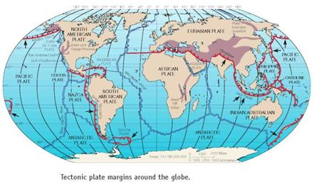 Figures 14.3 and 14.4 show the margins of tectonic plates, or the sections of crust that make up the earth's surface. The movements-and collisions-of these plates are responsible for many of the geological resources and events we see around us. Because these movements are so important, the map is reproduced here. Examine it to answer the following questions:     Examine the red line of subduction that runs north along the eastern side of the Philippine plate and near Japan.