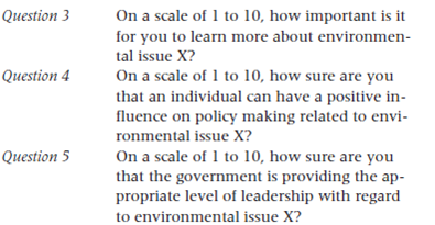 Choose an environmental issue that you have studied in this course, such as climate change, population growth, or biodiversity loss. Conduct a poll of students, faculty, staff, and local residents in your community by asking them the questions that follow, relating to your particular environmental issue. Poll as many people as you can in order to get a large sample. Create categories. For example, note whether each respondent is male or female. By creating such categories, you are placing each person into a respondent pool. You can add other questions about age, political leaning, and other factors to refine your pools.         List any major conclusions you would draw from the data.