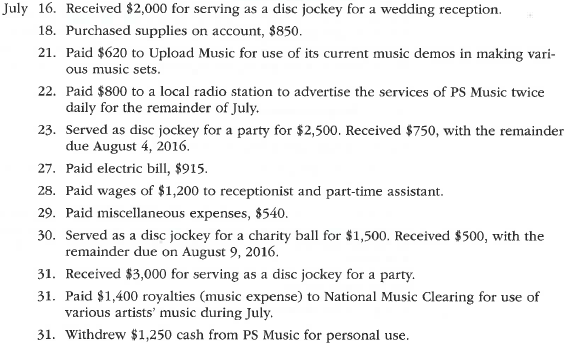 The transactions completed by PS Music during June 2016 were described at the end of Chapter 1. The following transactions were completed during July, the second month of the business's operations:     Enter the following transactions on Page 2 of the two-column journal:      PS Music's chart of accounts and the balance of accounts as of July 1, 2016 (all normal balances), are as follows:     Instructions  1. Enter the July 1, 2016, account balances in the appropriate balance column of a four-column account. Write Balance in the Item column, and place a check mark () in the Posting Reference column. ( Hint: Verify the equality of the debit and credit balances in the ledger before proceeding with the next instruction.) 2. Analyze and journalize each transaction in a two-column journal beginning on Page 1, omitting journal entry explanations.  3. Post the journal to the ledger, extending the account balance to the appropriate balance column after each posting.  4. Prepare an unadjusted trial balance as of July 31, 2016.