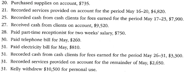 Kelly Pitney began her consulting business, Kelly Consulting, on April 1, 2016. The accounting cycle for Kelly Consulting for April, including financial statements, was illustrated in this chapter. During May, Kelly Consulting entered into the following transactions:     Record the following transactions on Page 6 of the journal:      Instructions  1. The chart of accounts for Kelly Consulting is shown in Exhibit 9, and the post-closing trial balance as of April 30, 2016, is shown in Exhibit 17. For each account in the post-closing trial balance, enter the balance in the appropriate Balance column of a four-column account. Date the balances May 1, 2016, and place a check mark () in the Posting Reference column. Journalize each of the May transactions in a two-column journal starting on Page 5 of the journal and using Kelly Consulting's chart of accounts. (Do not insert the account numbers in the journal at this time.) 2. Post the journal to a ledger of four-column accounts.  3. Prepare an unadjusted trial balance.  4. At the end of May, the following adjustment data were assembled. Analyze and use these data to complete parts (5) and (6).  a. Insurance expired during May is $275. b. Supplies on hand on May 31 are $715. c. Depreciation of office equipment for May is $330. d. Accrued receptionist salary on May 31 is $325. e. Rent expired during May is $1,600. f. Unearned fees on May 31 are $3,210. 5. (Optional) Enter the unadjusted trial balance on an end-of-period spreadsheet and complete the spreadsheet.  6. Journalize and post the adjusting entries. Record the adjusting entries on Page 7 of the journal.  7. Prepare an adjusted trial balance.  8. Prepare an income statement, a statement of owner's equity, and a balance sheet.  9. Prepare and post the closing entries. Record the closing entries on Page 8 of the journal. (Income Summary is account #33 in the chart of accounts.) Indicate closed accounts by inserting a line in both the Balance columns opposite the closing entry.  10. Prepare a post-closing trial balance.