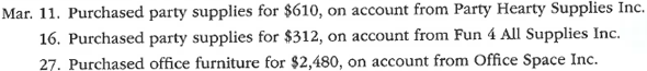 A Purchases journal  The following purchase transactions occurred during March for Celebration Catering Service:     Record these transactions in the following purchases journal format:     B Purchases journal  The following purchase transactions occurred during November for Manheim Inc.:     Record these transactions in the following purchases journal format:   
