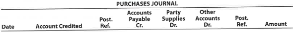 A Purchases journal  The following purchase transactions occurred during March for Celebration Catering Service:     Record these transactions in the following purchases journal format:     B Purchases journal  The following purchase transactions occurred during November for Manheim Inc.:     Record these transactions in the following purchases journal format:   