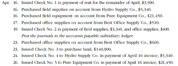 Purchases and cash payments journals; accounts payable subsidiary and general ledgers  AquaFresh Water Testing Service was established on April 16. AquaFresh uses field equipment and field supplies (chemicals and other supplies) to analyze water for unsafe contaminants in streams, lakes, and ponds. Transactions related to purchases and cash payments during the remainder of April are as follows:     Post the journals to the accounts payable subsidiary ledger.      Post the journals to the accounts payable subsidiary ledger.  Instructions  1. Journalize the transactions for April. Use a purchases journal and a cash payments journal, similar to those illustrated in this chapter, and a two-column general journal. Use debit columns for Field Supplies, Office Supplies, and Other Accounts in the purchases journal. Refer to the following partial chart of accounts:     At the points indicated in the narrative of transactions, post to the following accounts in the accounts payable subsidiary ledger:     2. Post the individual entries (Other Accounts columns of the purchases journal and the cash payments journal and both columns of the general journal) to the appropriate general ledger accounts. 3. Total each of the columns of the purchases journal and the cash payments journal and post the appropriate totals to the general ledger. (Because the problem does not include transactions related to cash receipts, the cash account in the ledger will have a credit balance.) 4. Prepare a schedule of the accounts payable creditor balances. 5. Why might AquaFresh consider using a subsidiary ledger for the field equipment