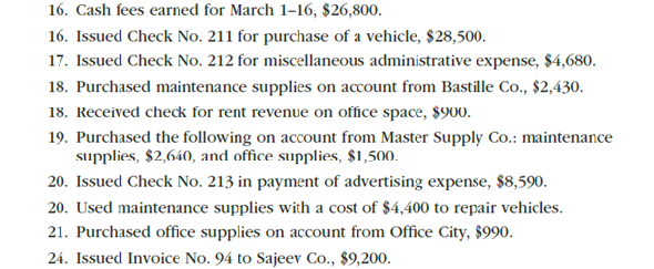 All journals and general ledger; trial balance  The transactions completed by AM Express Company during March, the first month of the fiscal year, were as follows:                 Instructions  1. Enter the following account balances in the general ledger as of March 1:     2. Journalize the transactions for March, using the following journals similar to those illustrated in this chapter: single-column revenue journal (p. 35), cash receipts journal (p. 31), purchases journal (p. 37, with columns for Accounts Payable, Maintenance Supplies, Office Supplies, and Other Accounts), cash payments journal (p. 34), and twocolumn general journal (p. 1). Assume that the daily postings to the individual accounts in the accounts payable subsidiary ledger and the accounts receivable subsidiary ledger have been made. 3. Post the appropriate individual entries to the general ledger. 4. Total each of the columns of the special journals and post the appropriate totals to the general ledger; insert the account balances. 5. Prepare a trial balance.