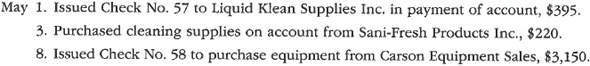 Purchases and cash payments journals  Transactions related to purchases and cash payments completed by Brite Way Cleaning Services Inc. during the month of May 2016 are as follows:         Prepare a purchases journal and a cash payments journal to record these transactions. The forms of the journals are similar to those illustrated in the text. Place a check mark () in the Post. Ref. column to indicate when the accounts payable subsidiary ledger should be posted. Brite Way Cleaning Services Inc. uses the following accounts:   