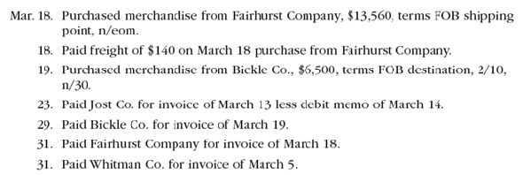Purchase-related transactions using perpetual inventory system  The following selected transactions were completed by Niles Co. during March of the current year:         Instructions  Journalize the entries to record the transactions of Niles Co. for March.