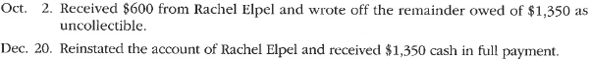 A Direct write-off method  Journalize the following transactions, using the direct write-off method of accounting for uncollectible receivables:     B Direct write-off method  Journalize the following transactions, using the direct write-off method of accounting for uncollectible receivables:   