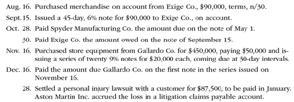 Liability transactions  The following items were selected from among the transactions completed by Aston Martin Inc. during the current year:         Instructions  1. Journalize the transactions. 2. Journalize the adjusting entry for each of the following accrued expenses at the end of the current year: a. Product warranty cost, $26,800. b. Interest on the 19 remaining notes owed to Gallardo Co.