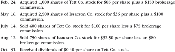 Entries for stock investments, dividends, and sale of stock Seamus Industries Inc. buys and sells investments as part of its ongoing cash management. The following investment transactions were completed during the year:   Journalize the entries for these transactions.<div style=padding-top: 35px> 