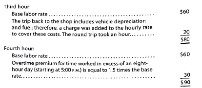 Classifying costs  Geek Chic Company provides computer repair services for the community. Obie Won's computer was not working, and he called Geek Chic for a home repair visit. Geek Chic Company's technician arrived at 2:00 P.M. to begin work. By 4:00 P.M. the problem was diagnosed as a failed circuit board. Unfortunately the technician did not have a new circuit board in the truck because the technician's previous customer had the same problem, and a board was used on that visit. Replacement boards were available back at Geek Chic Company's shop. Therefore, the technician drove back to the shop to retrieve a replacement board. From 4:00 to 5:00 P.M., Geek Chic Company's technician drove the round trip to retrieve the replacement board from the shop. At 5:00 P.M. the technician was back on the job at Obie's home. The replacement procedure is somewhat complex because a variety of tests must be performed once the board is installed. The job was completed at 6:00 P.M. Obie's repair bill showed the following:     Obie was surprised at the size of the bill and asked for some greater detail supporting the calculations. Geek Chic Company responded with the following explanations:     The labor charge per hour is detailed as follows:     Further explanations in the differences in the hourly rates are as follows:         1. If you were in Obie's position, how would you respond to the bill Are there parts of the bill that appear incorrect to you If so, what argument would you employ to convince Geek Chic Company that the bill is too high 2. Use the headings that follow to construct a table. Fill in the table by first listing the costs identified in the activity in the left-hand column. For each cost, place a check mark in the appropriate column identifying the correct cost classification. Assume that each service call is a job.   
