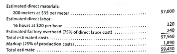 Job order cost sheet  Remnant Carpet Company sells and installs commercial carpeting for office buildings. Remnant Carpet Company uses a job order cost system. When a prospective customer asks for a price quote on a job, the estimated cost data are inserted on an unnumbered job cost sheet. If the offer is accepted, a number is assigned to the job, and the costs incurred are recorded in the usual manner on the job cost sheet. After the job is completed, reasons for the variances between the estimated and actual costs are noted on the sheet. The data are then available to management in evaluating the efficiency of operations and in preparing quotes on future jobs. On October 1, 2016, Remnant Carpet Company gave Jackson Consulting an estimate of $9,450 to carpet the consulting firm's newly leased office. The estimate was based on the following data:     On October 3, Jackson Consulting signed a purchase contract, and the delivery and installation was completed on October 10. The related materials requisitions and time tickets are summarized as follows:     Instructions  1. Complete that portion of the job order cost sheet that would be prepared when the estimate is given to the customer. 2. Record the costs incurred, and prepare a job order cost sheet. Comment on the reasons for the variances between actual costs and estimated costs. For this purpose, assume that the additional meters of material used in the job were spoiled, the factory overhead rate has proven to be satisfactory, and an inexperienced employee performed the work.