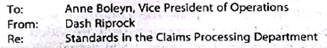 Ethics and professional conduct in business using nonmanufacturing standards  Dash Riprock is a cost analyst with Safe Insurance Company. Safe is applying standards to its claims payment operation. Claims payment is a repetitive operation that could be evaluated with standards. Dash used time and motion studies to identify an ideal standard of 36 claims processed per hour. The Claims Processing Department manager, Henry Tudor, has rejected this standard and has argued that the standard should be 30 claims processed per hour. Henry and Dash were unable to agree, so they decided to discuss this matter openly at a joint meeting with the vice president of operations, who would arbitrate a final decision. Prior to the meeting, Dash wrote the following memo to the VP:     As you know, Henry and I are scheduled to meet with you to discuss our disagreement with respect to the appropriate standards for the Claims Processing Department. I have conducted time and motion studies and have determined that the ideal standard is 36 claims processed per hour. Henry argues that 30 claims processed per hour would be more appropriate. I believe he is trying to pad the budget with some slack. I'm not sure what he is trying to get away with, but I believe a tight standard will drive efficiency up in his area. I hope you will agree when we need with you next week. Discuss the ethical and professional issues in this situation.