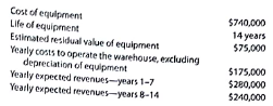 Differential analysis involving opportunity costs  On July 1, Coastal Distribution Company is considering leasing a building and buying the necessary equipment to operate a public warehouse. Alternatively, the company could use the funds to invest in $740,000 of 5% U.S. Treasury bonds that mature in 14 years. The bonds could be purchased at face value. The following data have been assembled:     Instructions  1. Prepare a differential analysis as of July 1 presenting the proposed operation of the warehouse for the 14 years (Alternative 1) as compared with investing in U.S. Treasury bonds (Alternative 2). 2. Based on the results disclosed by the differential analysis, should the proposal be accepted 3. If the proposal is accepted, what is the total estimated income from operations of the warehouse for the 14 years