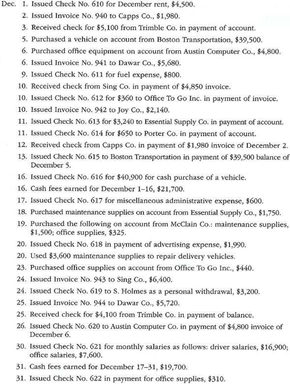 All journals and general ledger; trial balance  The transactions completed by Revere Courier Company during December 2016, the first month of the fiscal year, were as follows:     Instructions  1. Enter the following account balances in the general ledger as of December 1:     2. Journalize the transactions for December 2016, using the following journals similar to those illustrated in this chapter: cash receipts journal (p. 31), purchases journal (p. 37, with columns for Accounts Payable, Maintenance Supplies, Office Supplies, and Other Accounts), single-column revenue journal (p. 35), cash payments journal (p. 34), and two-column general journal (p. 1). Assume that the daily postings to the individual accounts in the accounts payable subsidiary ledger and the accounts receivable subsidiary ledger have been made.  3. Post the appropriate individual entries to the general ledger.  4. Total each of the columns of the special journals, and post the appropriate totals to the general ledger; insert the account balances.  5. Prepare a trial balance.