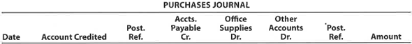 Prepare journal entries in a purchases journal  Protection Services Inc. had the following transactions during the month of June:     a. Record the June purchase transactions for Protection Services Inc. in the following purchases journal format:     b. What is the total amount posted to the accounts payable and office supplies accounts from the purchases journal for June  c. What is the June 30 balance of the Office Universe Inc. creditor account assuming a zero balance on June 1