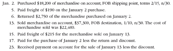 Journal entries using the periodic inventory system  The following selected transactions were completed by Air Systems Company during January of the current year. Air Systems Company uses the periodic inventory system.     Journalize the entries to record the transactions of Air Systems Company.