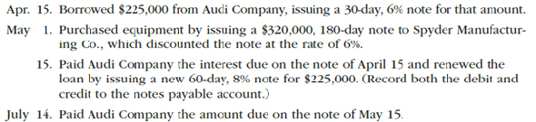 Liability transactions  The following items were selected from among the transactions completed by Aston Martin Inc. during the current year:         Instructions  1. Journalize the transactions. 2. Journalize the adjusting entry for each of the following accrued expenses at the end of the current year: a. Product warranty cost, $26,800. b. Interest on the 19 remaining notes owed to Gallardo Co.