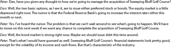 Preferred stock vs. bonds  Xentec Inc. has decided to expand its operations to owning and operating golf courses. The following is an excerpt from a conversation between the chief executive officer, Peter Kilgallon, and the vice president of finance, Dan Baron:     Discuss the advantages and disadvantages of issuing preferred stock versus bonds.