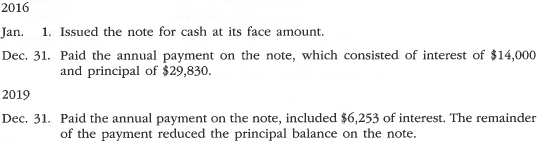 Entries for installment note transactions  On January 1, 2016, Hebron Company issued a $175,000, five-year, 8% installment note to Ventsam Bank. The note requires annual payments of $43,380, beginning on December 31, 2016. Journalize the entries to record the following:   