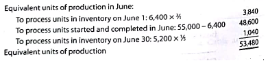 Errors in equivalent unit computation  Napco Refining Company processes gasoline. On June 1 of the current year, 6,400 units were     completed in the Blending Department. During June, 55,000 units entered the Blending Department from the Refining Department. During, June, the units in process at the beginning of the month were completed. Of the 55,000 units entering the department, all were completed except 5,200 units that were     completed. The equivalent units for conversion costs for June for the Blending Department were computed as follows:     List the errors in the computation of equivalent units for conversion costs for the Blending Department for June.