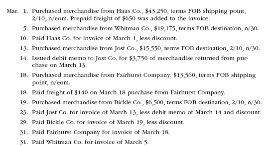 Purchase-related transactions  The following selected transactions were completed by Niles Co. during March of the current year:     Instructions  Journalize the entries to record the transactions of Niles Co. for March.