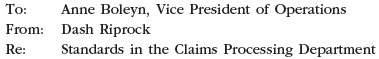 Ethics and professional conduct in business using nonmanufacturing standards  Dash Riprock is a cost analyst with Safe Insurance Company. Safe is applying standards to its claims payment operation. Claims payment is a repetitive operation that could be evaluated with standards. Dash used time and motion studies to identify an ideal standard of 36 claims processed per hour. The Claims Processing Department manager, Henry Tudor, has rejected this standard and has argued that the standard should be 30 claims processed per hour. Henry and Dash were unable to agree, so they decided to discuss this matter openly at a joint meeting with the vice president of operations, who would arbitrate a final decision. Prior to the meeting, Dash wrote the following memo to the VP.     As you know, Henry and I are scheduled to meet with you to discuss our disagreement with respect to the appropriate standards for the Claims Processing Department. I have conducted time and motion studies and have determined that the ideal standard is 36 claims processed per hour. Henry argues that 30 claims processed per hour would be more appropriate. I believe he is trying to pad the budget with some slack. I'm not sure what he is trying to get away with, but I believe a tight standard will drive efficiency up in his area. I hope you will agree when we meet with you next week. Discuss the ethical and professional issues in this situation.