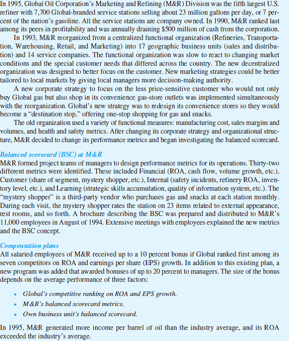 Global Oil      Required:  a. Critically evaluate M R's implementation of the balanced scorecard. Identify any strengths and weaknesses of the program. b. Was the adoption of the balanced scorecard at M R responsible for the turnaround in its financial performance?