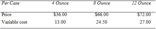 Silky Smooth lotions come in three sizes: 4, 8, and 12 ounces. The following table summarizes the selling prices and variable costs per case of each lotion size.     Fixed costs are $771,000. Current production and sales are 2,000 cases of 4-ounce bottles; 4,000 cases of 8-ounce bottles; and 1,000 cases of 12-ounce bottles. Silky Smooth typically sells the three lotion sizes in fixed proportions as represented by the preceding sales amounts. Required:  How many cases of 4-, 8-, and 12-ounce lotion bottles must be produced and sold for Silky Smooth to break even, assuming that the three sizes are sold in fixed proportions