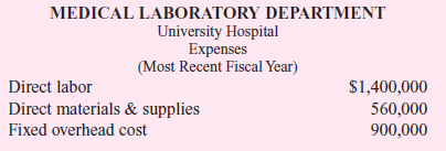 The University has a medical school that operates a large teaching hospital. Other smaller hospitals in the region are independent of University Hospital in the sense that they are owned and operated by unaffiliated not-for-profit corporations. University Hospital has a Medical Laboratory Department (MLD) that provides a wide range of medical tests including hematology, biopsies, electron microscopy, immunology, toxicology, and virology. Few of the other independent hospitals in the region have the scale to provide the same comprehensive range of tests that MLD provides. Consequently, other hospitals rely on MLD for some of their lab tests. For quality assurance and billing purposes, MLD tracks how much time laboratory technicians spend on each test performed. Based on these time sheets and the salaries of the technicians, 70 percent of MLD's lab technician salary expense (direct labor cost) is incurred performing lab tests for patients at University Hospital. The remaining 30 percent of MLD's lab technician direct labor cost is incurred performing tests for patients at the other nonaffiliated hospitals. Direct labor cost consists of the salaries and benefits of the lab technicians while they are performing test procedures. MLD charges other departments at University Hospital the variable cost of performing the tests where variable cost is the actual direct labor cost of the lab technician (salary and benefits) plus direct materials. Direct materials (laboratory materials, supplies, chemicals, and other consumables) are 40 percent of direct labor. So, if the direct labor of a lab technician for a particular test is $120, the University Hospital department requesting the test is charged $168 ($120 + 40% X $120). The reason for charging University Hospital departments requesting lab work only the variable (direct) cost of the tests is to keep the cost of lab work down. The vast majority of patients at University Hospital have HMO or other third-party insurance providers that pay University Hospital for providing care to their clients. Before University Hospital can get reimbursed from these third-party providers, the insurance provider must preapprove the treatment plan (including lab tests). If the Hospital does not get permission, the insurance provider might deny the charge. Since insurance providers base their approval decisions to some extent on the estimated cost of the treatment (including lab work), the Hospital wants to reduce the cost of lab tests to encourage the performance of adequate test procedures. Outside, unaffiliated hospitals are charged 200 percent of the direct cost of performing a test. So, if an outside (unaffiliated) hospital sends a specimen to MLD and requests a test that has a direct labor cost of $120, it is charged $336 ([$120 + 40% X $120] X 2). The following table lists the expenses incurred by MLD in the most recent fiscal year     Fixed overhead cost of $900,000 consists of supervision and administrative costs, occupancy costs, depreciation and leases of equipment, training, and so forth. Required:  a. Based on the existing pricing arrangements for inside and outside users, prepare an income statement for MLD for the most recent fiscal year. b. Given the income statement you prepared in part (a), discuss the financial condition of MLD and the reasons for MLD's financial condition for the last fiscal year. c. The manager of MLD believes that University Hospital departments sending specimens to his department for testing are not paying their fair share of the costs of his department under the current pricing arrangement. The MLD manager is proposing that inside users of MLD be charged the full cost that his department incurs to provide testing services (direct labor plus direct material plus fixed overhead). The manager proposes that since MLD's fixed costs are $900,000 and the direct labor costs are $1,400,000, then for every $1 of direct labor cost in each lab test, that lab test (for inside University Hospital departments) should be charged $0.6429 ($900,000/$1,400,000) of fixed overhead (in addition to the direct material charge of $0.40 and the direct labor charge of $1). The pricing of lab tests for outside users will not change. Prepare an income statement for MLD for the most recent fiscal year assuming the MLD manager's proposal is accepted. d. Explain briefly why the net income figures computed in parts (a) and (c) differ. e. Describe the likely consequences for MLD if its manager's suggestion described in part (c) is implemented.