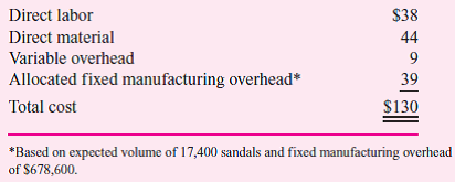 Pebble Beach Sandals has designed and patented a luxury golf sandal for both men and women. The unique handmade designs include spikes and cleats to prevent the golfer from slipping during the swing. The sandal is made from sheepskin creating comfortable and distinctive footwear sold directly to wholesalers who then sell them to exclusive golf shops for retail prices starting at $400. The sandals are manufactured in the United States and sold in the United States and Europe through two dedicated sales divisions. The United States and EU sales divisions are organized as separate profit centers with decision rights to set prices in their respective geographic territories. The U.S. factory is a cost center that produces the sandals and transfers them to the two sales divisions. Each sales division is charged the full manufacturing cost of the sandals (direct labor, direct materials, and overhead). All the sandals produced, both men's and women's styles, and all the various models contain similar amounts of direct labor and direct material. The only difference between the U.S. and EU sandals is the sizing and the size labels stitched into the sandals. Hence, volume in the plant is measured as pairs of sandals manufactured. This year's manufacturing cost of Pebble Beach sandals is given by the following table:     The U.S. plant was built with a capacity to produce between 16,000 and 20,000 sandals per year and a long-run expected volume of 18,000 sandals. The U.S. sales division faces the following demand curve for sandals:      Besides paying the manufacturing plant's transfer cost of the sandals ($130 per pair), the U.S. sales division has its own variable costs of $20 per pair and incurs fixed costs per year of $700,000.  Required:  a. In order to maximize its own profits (after paying the manufacturing plant's transfer cost of $130), how many pairs of sandals will the U.S. sales division order and expect to sell this year Show calculations. b. Next year, the U.S. sales division expects its variable costs per pair to remain at $20 and its fixed costs to remain at $700,000 per year. However, due to a sharp reduction in EU demand caused by a recession, the projected combined demand from the U.S. and EU sales divisions for sandals falls from the current level of 17,400 sandals to 14,200. The plant's budgeted direct labor, direct materials, variable overhead, and fixed overhead will remain the same as this year's amounts, but the allocated fixed overhead per pair of sandals will rise due to the lower projected volumes. Compute next year's allocated fixed manufacturing overhead per pair of sandals and the total cost that will be used as the transfer cost based on next year's projected volume. (Round all costs to the nearest dollar.) c. Using the transfer cost you computed in part ( b ), how many pairs of sandals will the U.S. sales division order next year Show calculations. d. Does the number of pairs of sandals ordered by the U.S. sales division maximize the profits (net cash flows) of Pebble Beach Sandals Explain why or why not. e. What suggestions would you offer management to increase Pebble Beach Sandals' shareholder value