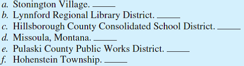 Using GP for general purpose government or SP for special purpose government, identify the following governments by type.