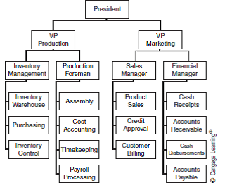 FUNCTIONAL SEGMENTATION The current organizational structure of Blue Sky Company, a manufacturer of small sailboats, is presented below. Required a. What operational problems (e.g., inefficiency, errors, or fraud) do you think Blue Sky could experience because of this structure? b. Draw a new diagram reflecting an improved structure that solves the problems you identified. If necessary, you may add up to two new positions.