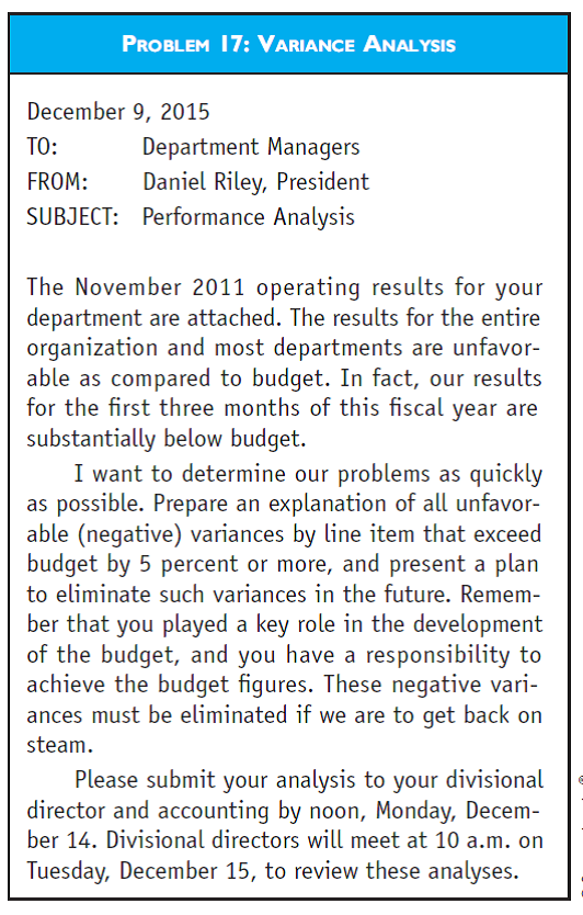 CMA-ADAPTED VARIANCE ANALYSIS  Engineers Education Association (EEA) is a volunteer membership organization providing educational and professional services to its members. The professional staff is organized into four divisions with a total of 14 operating departments.  EEA adopted an annual budget program many years ago as a means for planning and controlling activities. Each department of EEA prepares an annual budget in consultation with its respective volunteer committee(s). After a series of reviews by both the professional staff and the volunteer structure, the budget is adopted. The professional staff is expected to comply with the budget in conducting its activities and operations. The EEA's accounting department generates monthly income statements that present actual performance as compared to budget for each EEA department. The November 2015 statement for the publications department is shown in the first figure designated Problem 17. Accompanying the report this month was a memorandum from EEA's president, Daniel Riley, which is shown in the second figure designated as Problem 17.  Marie Paige, publications manager, was having lunch with Jon Franklin, continuing education manager, when the following conversation about Riley's memorandum took place.         Paige: The volunteers must be giving Riley some static-the memo doesn't sound like him.  Franklin: I think you're right. One of EEA's problems is that membership is down.  Paige: I heard that both growth and retention are bad. This is confirmed by my results. A set percentage of the membership dues of each member is assigned to us each month for the magazine subscription. This amount is down 12 percent.  I have no control over this number because only members get the magazine. Franklin: I wonder if the results are really as bad as they look. For instance, accounting has divided all of the annual budget figures by 12 to derive the monthly figures. This is okay for some things but not for most. What about you?  Paige: I agree. I don't know why they do that when we spend so much time up front developing the annual budget. I know what Riley is attempting, but I don't think he is going to get the results he wants. I know he wants to eliminate the negative variances, but some positive variances are really not favorable! We should be analyzing all significant variances-positive and negative.  Franklin: What are you going to do-analyze just the negatives? Should we do anything before we prepare our reports? Required  a. The monthly income statements that EEA's accounting department prepares for each department of EEA are a form of communication.  1. Explain why the departmental income statements are considered a form of communication.  2. In terms of the format of the income statement presented for the publications department, evaluate EEA's departmental income statement as a communication device.  b. Paige stated that all significant variances should be analyzed because some positive variances are not favorable. Discuss why EEA's departments should be analyzing all significant variances, both positive (favorable) and negative (unfavourable). As support for your answer, identify a positive variance from the publications department's income statement that may not be favorable to EEA's operations, and explain why.  c. Recommend a course of action that Paige or Franklin could take to encourage Riley to have all significant variances reviewed.