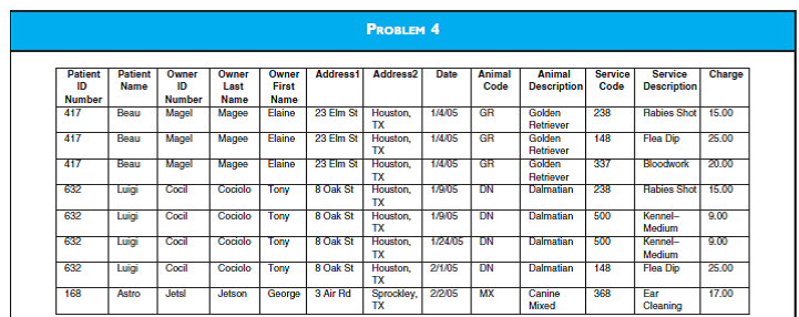 DATA NORMALIZATION Using the view for a veterinarian practice designated problem 4, normalize the data into the required third normal form tables. Present the record structure for each normalized table and indicate the primary keys and embedded foreign keys. Note that an owner may own more than one animal.