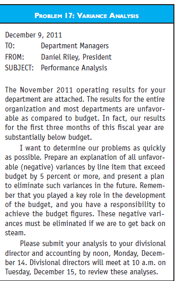 CMA-ADAPTED VARIANCE ANALYSIS Engineers Education Association (EEA) is a volunteer membership organization providing educational and professional services to its members. The professional staff is organized into four divisions with a total of 14 operating departments.  EEA adopted an annual budget program many years ago as a means for planning and controlling activities. Each department of EEA prepares an annual budget in consultation with its respective volunteer committee(s). After a series of reviews by both the professional staff and the volunteer structure, the budget is adopted. The professional staff is expected to comply with the budget in conducting its activities and operations.  The EEA's accounting department generates monthly income statements that present actual performance as compared to budget for each EEA department. The November 2011 statement for the publications department is shown in the first figure designated Problem 17. Accompanying the report this month was a memorandum from EEA's president, Daniel Riley, which is shown in the second figure designated as Problem 17. Marie Paige, publications manager, was having lunch with Jon Franklin, continuing education manager, when the following conversation about Riley's memorandum took place.     Paige: The volunteers must be giving Riley some static-the memo doesn't sound like him. Franklin: I think you're right. One of EEA's problems is that membership is down. Paige: I heard that both growth and retention are bad. This is confirmed by my results. A set percentage of the membership dues of each member is assigned to us each month for the magazine subscription. This amount is down 12 percent. I have no control over this number because only members get the magazine.     Franklin: I wonder if the results are really as bad as they look. For instance, accounting has divided all of the annual budget figures by 12 to derive the monthly figures. This is okay for some things but not for most. What about you? Paige: I agree. I don't know why they do that when we spend so much time up front developing the annual budget. I know what Riley is attempting, but I don't think he is going to get the results he wants. I know he wants to eliminate the negative variances, but some positive variances are really not favorable! We should be analyzing all significant variances-positive and negative. Franklin: What are you going to do-analyze just the negatives? Should we do anything before we prepare our reports? Required a. The monthly income statements that EEA's accounting department prepares for each department of EEA are a form of communication. 1. Explain why the departmental income statements are considered a form of communication. 2. In terms of the format of the income statement presented for the publications department, evaluate EEA's departmental income statement as a communication device. b. Paige stated that all significant variances should be analyzed because some positive variances are not favorable. Discuss why EEA's departments should be analyzing all significant variances, both positive (favorable) and negative (unfavourable). As support for your answer, identify a positive variance from the publications department's income statement that may not be favorable to EEA's operations, and explain why. c. Recommend a course of action that Paige or Franklin could take to encourage Riley to have all significant variances reviewed.