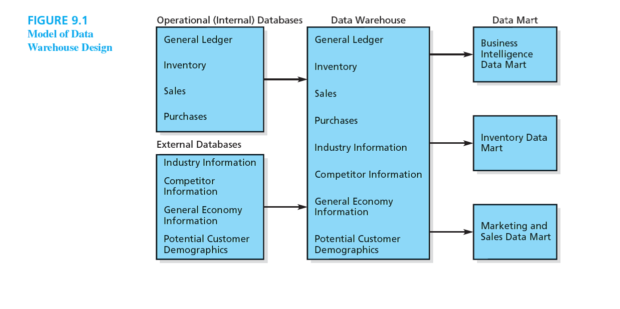 Using Figure 9.1 and 9.2 as guides, name four internal and four external databases that you think should be included in a data warehouse for marketing function of Procter Gamble or the consumer packaged goods company with whom you are most familiar. Procter Gamble has products like Gillette razors, Tide detergent, and Pampers diapers. Why are these eight databases you recommend critical to the effective functioning of the marketing department to sell more products? Support your answer.       