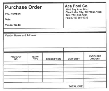 Using a system output approach to developing a database, you have determined that the accounting system needs to produce a purchase order for each purchase the organization places. The desired format of the purchase order is as follows: Required: a. What data elements need to be stored to produce the purchase order? b. What are the three steps that should be taken to normalize the data you identified in Part a with respect to 3NF? c. What tables should be in the database so the accounting system can produce a purchase order? Use data normalization to develop your tables.